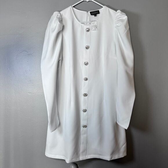 Danielle Bernstein Puff Sleeve Dress L NWT $89 Crystal Button Mini Cocktail - Picture 2 of 11